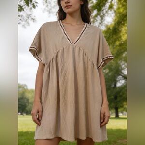 Ladies Unbranded Beige V-Neck Embroidered BoHo Mini Dress